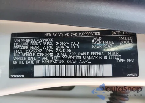 2012 Volvo Xc60 3.2 z USA, uszkodzony, nr VIN YV4940DL7C2314668